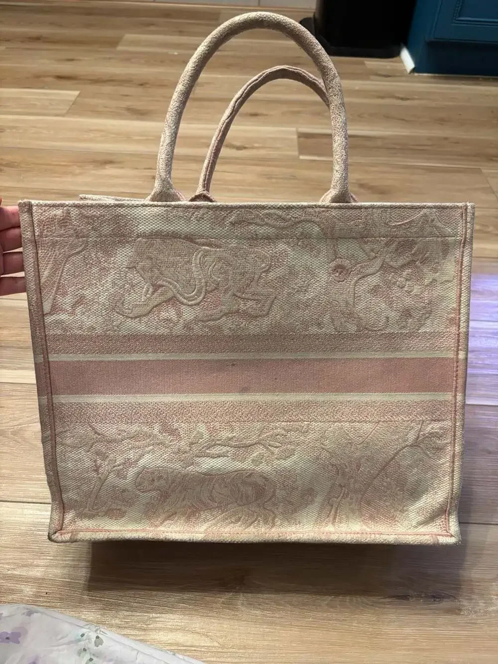 Christian Dior Medium Toile de Jouy Jungle Tote Pink White Embroidered Canvas
